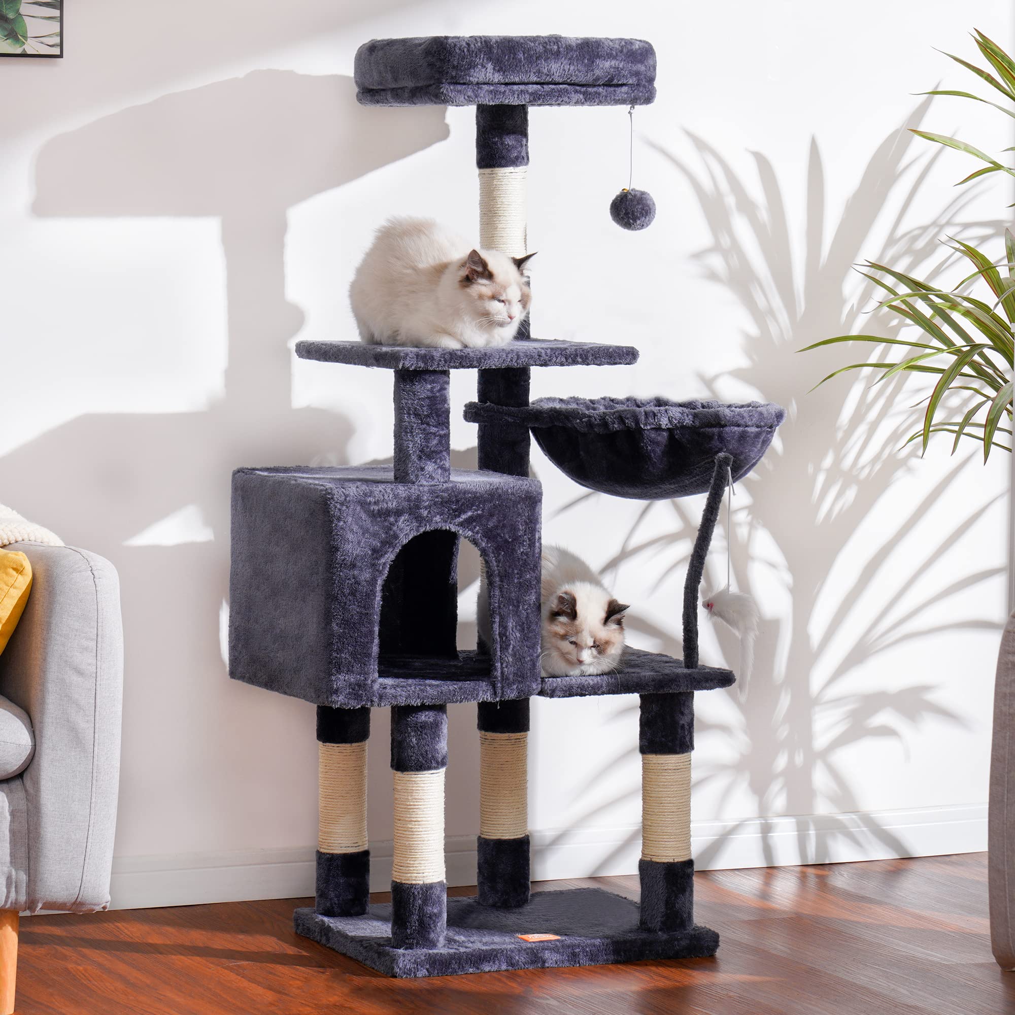 Heybly Cat Tree with Toy, Cat Tower Condo (Smoky Gray)